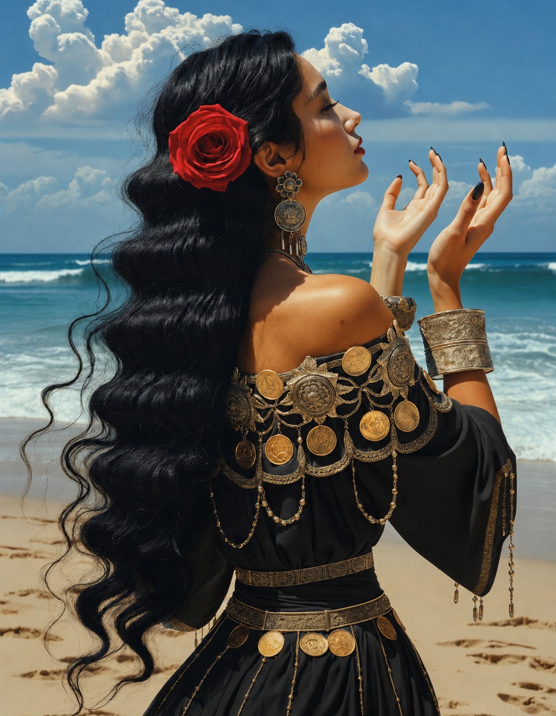 Cigana da Praia numa praia ensolarada: cabelo preto ondulado com rosa vermelha, vestido preto com moedas douradas e prataria